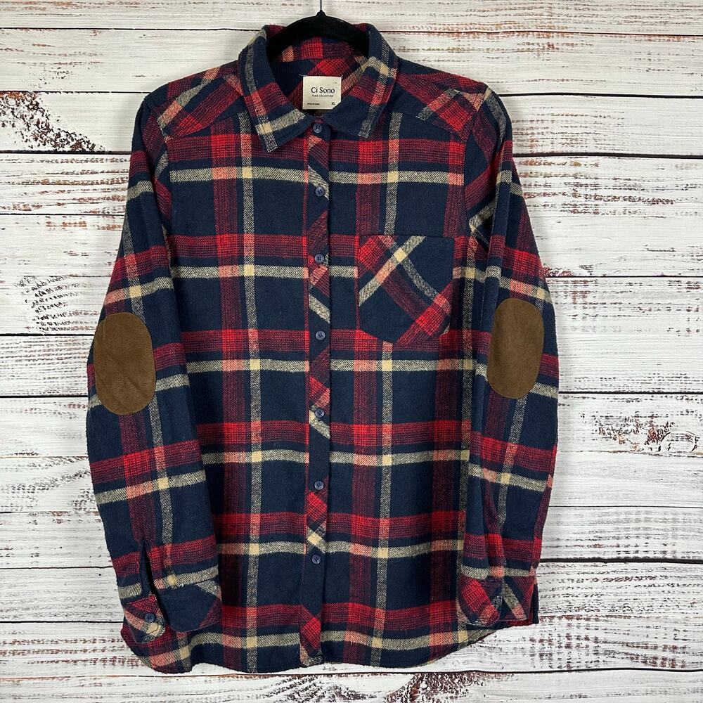 Ci Sono Plaid Collection Red Navy Button Up Flannel Shirt Elbow Patch Womens XL